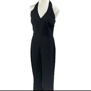 Evan Picone Elegant One Piece Pantsuit Sheer Wide Leg Backless Halter Top